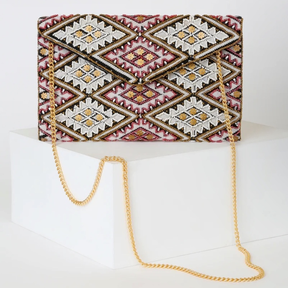 Lulu's Multicolor Beaded Clutch with Gold Chain